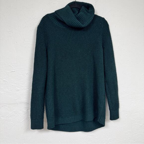 LL Bean Forest Green Chunky Knit Turtleneck Sweater Womens L Long Preppy Cozy - Picture 1 of 10